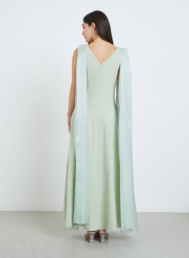 Styli Women Green Sleeveless Cape Detail A-Line Maxi Dress - Image 4